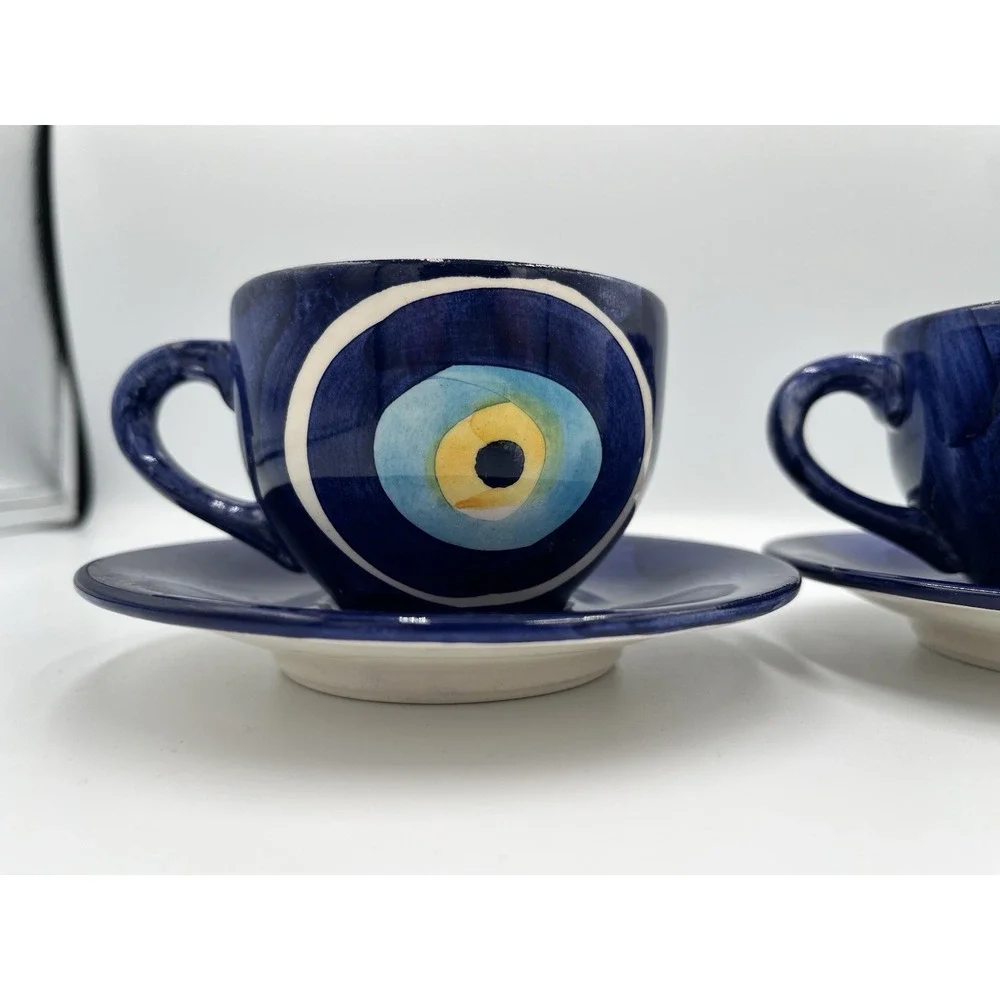 Papart Evil Eye Cup & Saucer Set Blue Nazar Mug Handpainted Ceramic